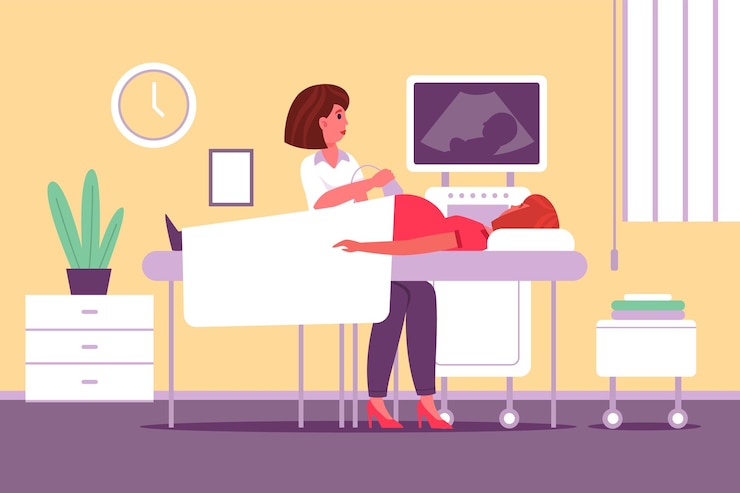 Vetor triagem de mulheres grávidas médico faz exame médico de ultrassom de gestante consulta de clínica de maternidade de personagem feminina com conceito de vetor interior de hospital ginecologista