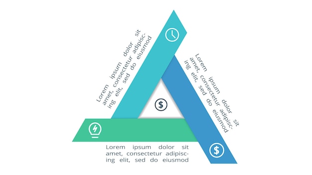 Vetor triângulo com modelo de infográfico de 3 elementos para ilustração vetorial de apresentações de negócios na web visualização de dados de negócios