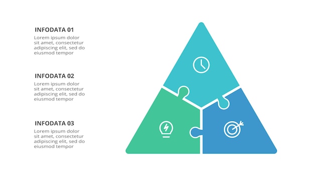 Triângulo com modelo de infográfico de 3 elementos para ilustração vetorial de apresentações de negócios na web visualização de dados de negócios