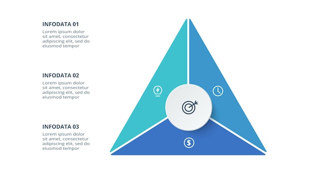 Triângulo com modelo de infográfico de 3 elementos para ilustração vetorial de apresentações de negócios na web Visualização de dados de negócios