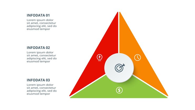 Vetor triângulo com modelo de infográfico de 3 elementos para ilustração vetorial de apresentações de negócios na web visualização de dados de negócios