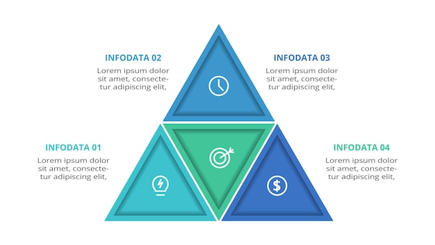 Triângulo com modelo de infográfico de 4 elementos para ilustração vetorial de apresentações de negócios na web visualização de dados de negócios