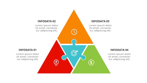 Triângulo com modelo de infográfico de 4 elementos para ilustração vetorial de apresentações de negócios na web visualização de dados de negócios