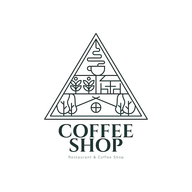 Triângulo de logotipo de cafeteria de linha com ilustração de linha de árvore de caneca