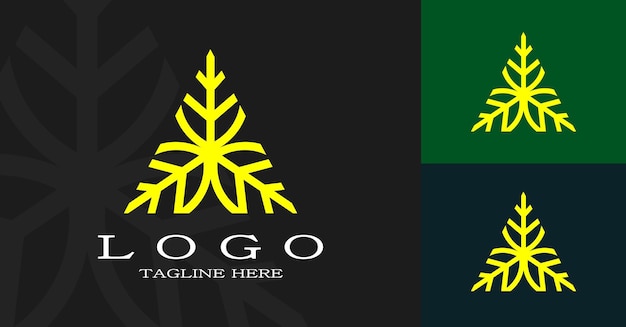Triângulo ou pirâmide de luxo elegante com ornamentos de raiz dentro do logotipo com folhas de osso amarelo