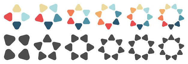 Triângulos apontando para fora com vértices ligeiramente arredondados formando círculo, versão com quatro a nove segmentos. Pode ser usado como elemento infográfico