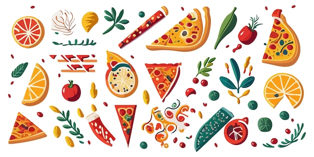 Triângulos de pizza coloridos em design gráfico vetorial plano de fundo branco
