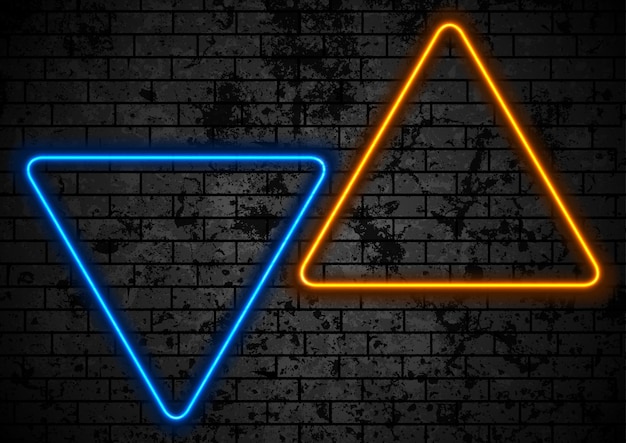 Vetor triângulos luminosos de néon laranja e azul em fundo de parede de tijolos grunge escuro design retro vector brilhante