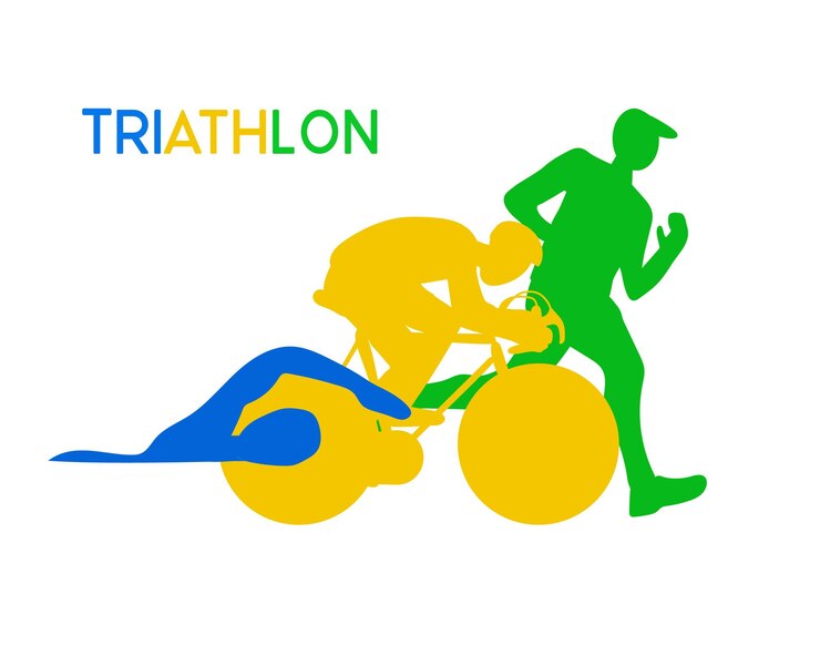 Vetor triatlo silhuetas de atletas competição na natação, ciclismo e corrida