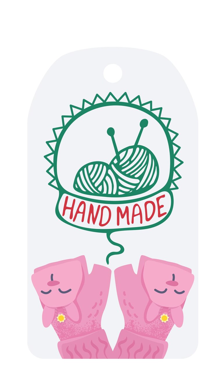 Vetor tricotando bolas de fio com agulhas em uma fita rotulada, lindas luvas cor de rosa, criando projetos diy e