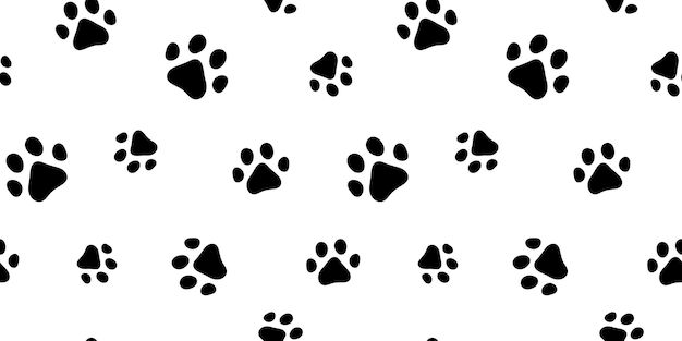 Vetor trilha de pata vetorial de pegada animal padrão sem costura faixas de cães ou gatos em fundo branco silhueta preta