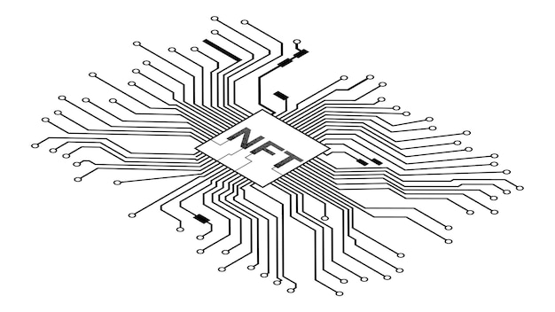 Trilhas isométricas de PCB com token não fungível de NTF no centro isolado no branco. Elemento de design do site. Ilustração vetorial