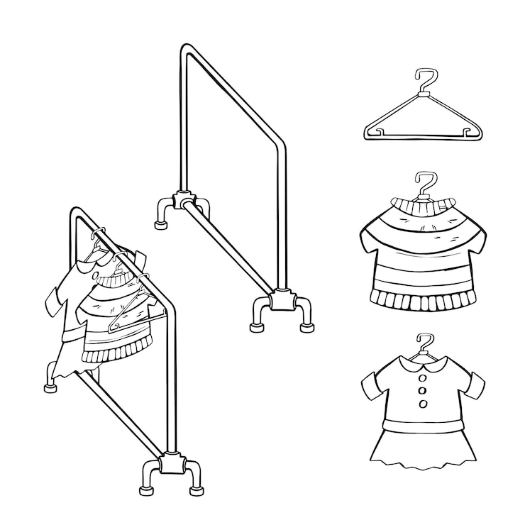 Vetor trilho de cabide de linha com roupas em cabides símbolo ilustração esboço