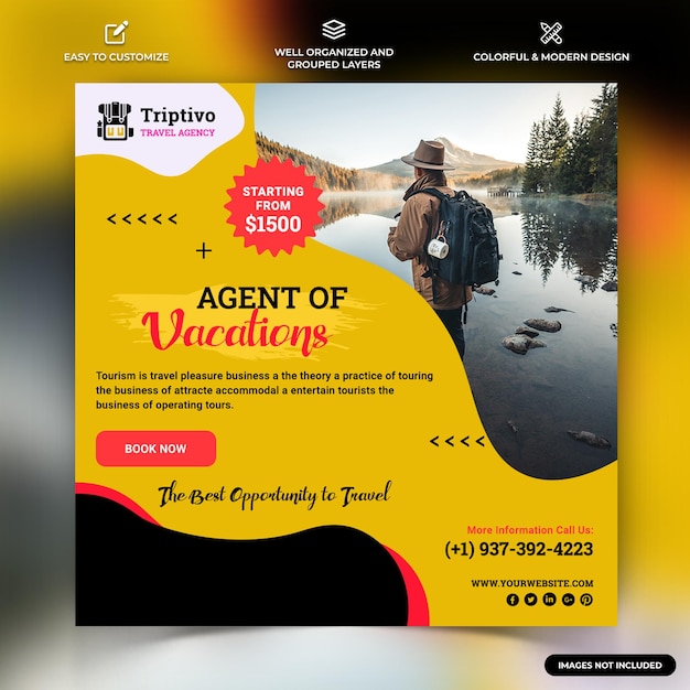 Vetor trip and travel instagram social media post web banner template vector premium