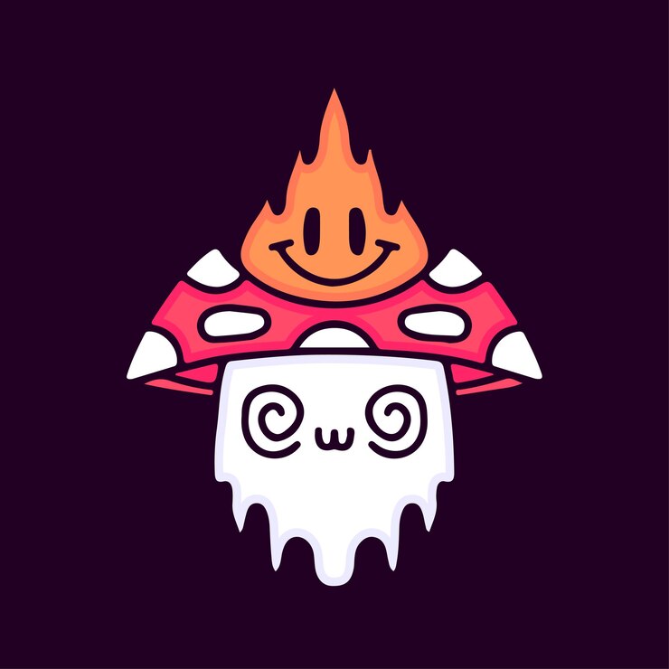 Vetor trippy cogumelo e desenho animado de fogo, ilustração para camiseta, adesivo.