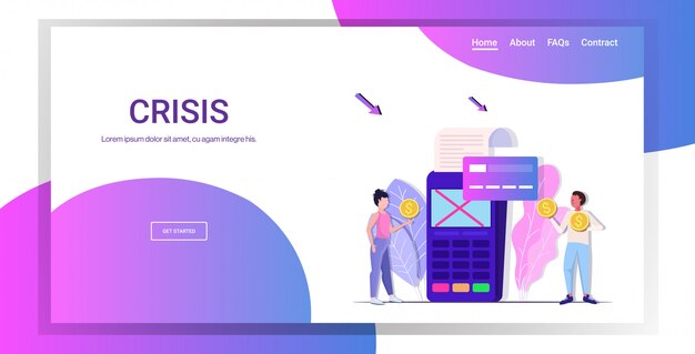 Triste empresários dólar moedas cartão de crédito terminal pos cruz vermelha rejeitado pagamento transação crise financeira falência