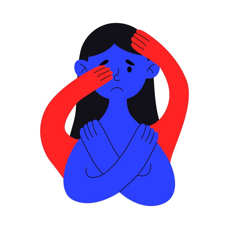 Vetor triste jovem infeliz se abraçando psicologia depressão mau humor estresse ansiedade transtorno bipolar ilustração em vetor plana