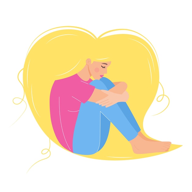 Vetor triste mulher loira sentada e abraçando os joelhos seu longo cabelo em forma de coração ao redor dela depressão