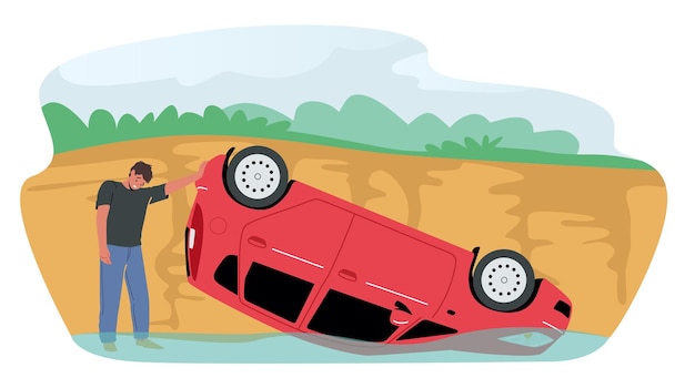 Triste personagem de motorista fica perto de queda de carro quebrado do penhasco na água, automóvel deitado no telhado. acidente, situação perigosa de seguro, danos acidentais. ilustração em vetor desenho animado