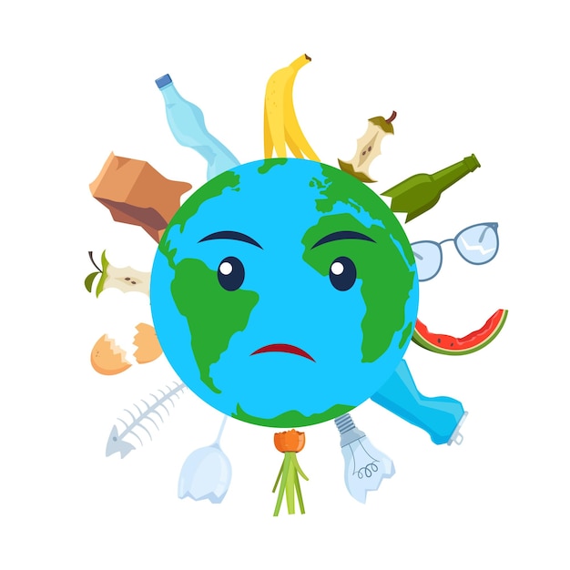 Triste planeta Terra com um lixo Lixo poluído planeta Terra triste sofrer cansado doente conceito de ecologia