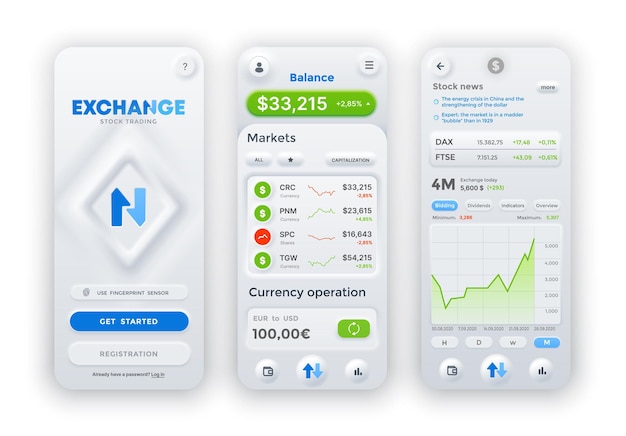 Vetor troca ou interface neumórfica de aplicativo de mercado de ações forex modelo de layout móvel de vetor de ações troca de dinheiro e taxas de comércio de ações com diagramas e gráficos para aplicativo móvel