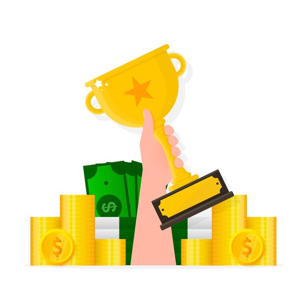 Troféu com prêmio em dinheiro conceito financeiro ícone de caixa de presente
