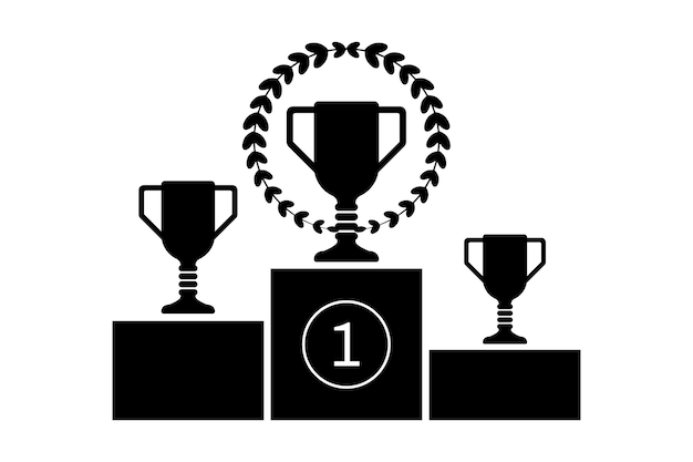 Troféu e coroa de louros no símbolo do ícone do pódio dos vencedores Ilustração vetorial plana