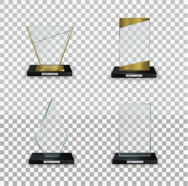 Vetor troféu vazio de cristal. prêmio transparente brilhante para ilustração de prêmio. troféu de vidro brilhante em um fundo branco. coleção de ilustrações de prêmios modernos.