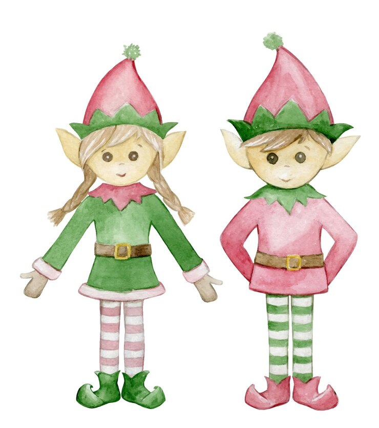 Vetor trolls fofos, um menino e uma menina em fantasias coloridas, desenho em aquarela, personagens de desenhos animados, símbolos do natal escandinavo
