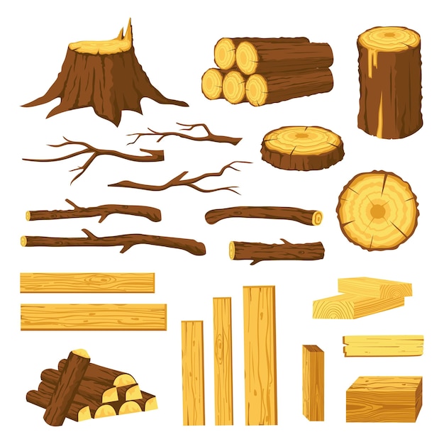Troncos e tábuas de madeira. Matérias-primas para a indústria madeireira, toras, tocos, tocos de árvores com casca e barras de madeira. Vetor de lenha de desenhos animados conjunto isolado no branco. Conceito de carpintaria, pedaços de madeira