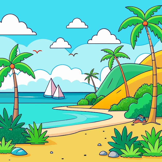 Vetor tropical beach scene with many palm trees summertime hand drawn sticker icon concept isolated