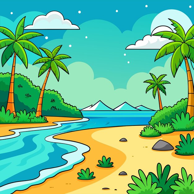 Vetor tropical beach scene with many palm trees summertime hand drawn sticker icon concept isolated
