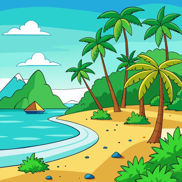 Vetor tropical beach scene with many palm trees summertime hand drawn sticker icon concept isolated