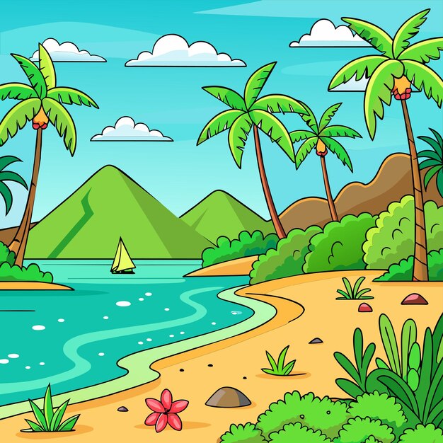 Vetor tropical beach scene with many palm trees summertime hand drawn sticker icon concept isolated