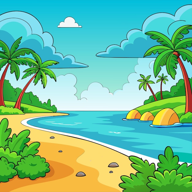 Vetor tropical beach scene with many palm trees summertime hand drawn sticker icon concept isolated