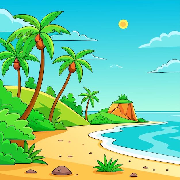 Vetor tropical beach scene with many palm trees summertime hand drawn sticker icon concept isolated