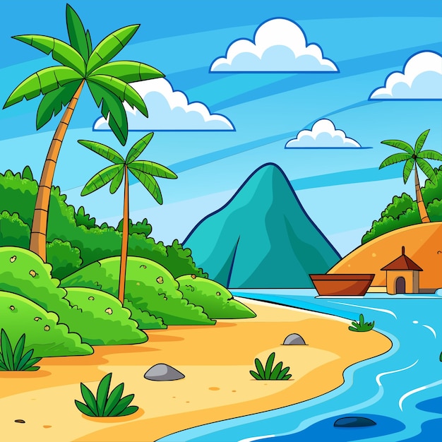 Vetor tropical beach scene with many palm trees summertime hand drawn sticker icon concept isolated