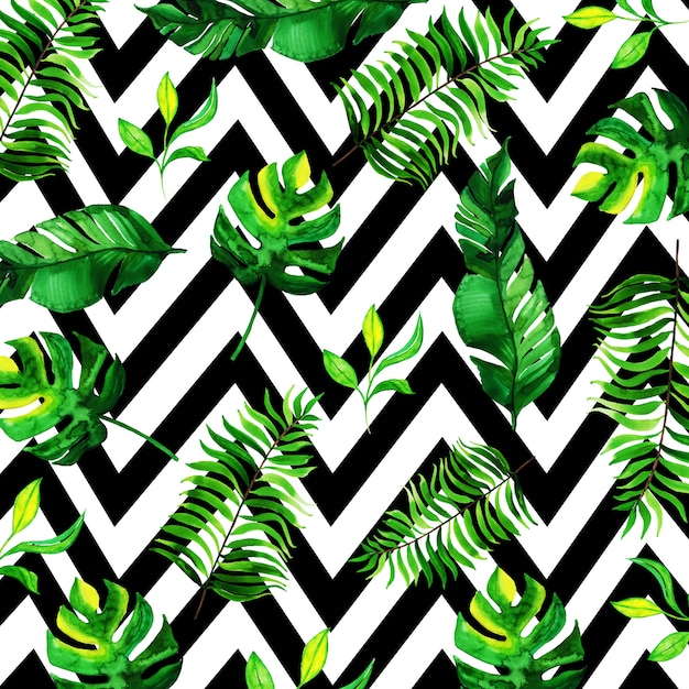 Tropical Leaves Pattern em estilo aquarela com listras