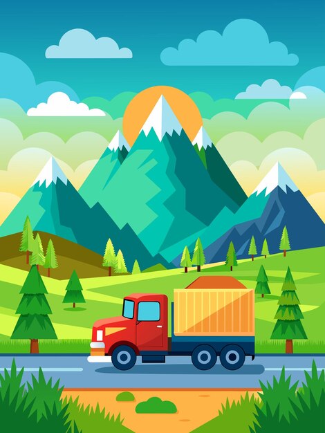 Truck vector paisagem de fundo com uma paisagem cênica com campos de colinas onduladas e uma vitória