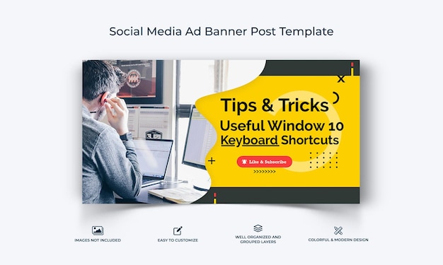 Truques de computador e hackear o modelo de postagem de banner de anúncio do facebook de mídia social vetor premium