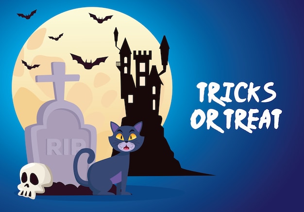 Truques de halloween ou letras guloseimas com castelo e gato no cemitério