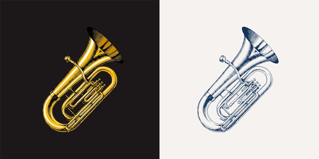 Tuba de jazz em monocromático gravado estilo vintage trompete desenhado à mão para blues e ragtime