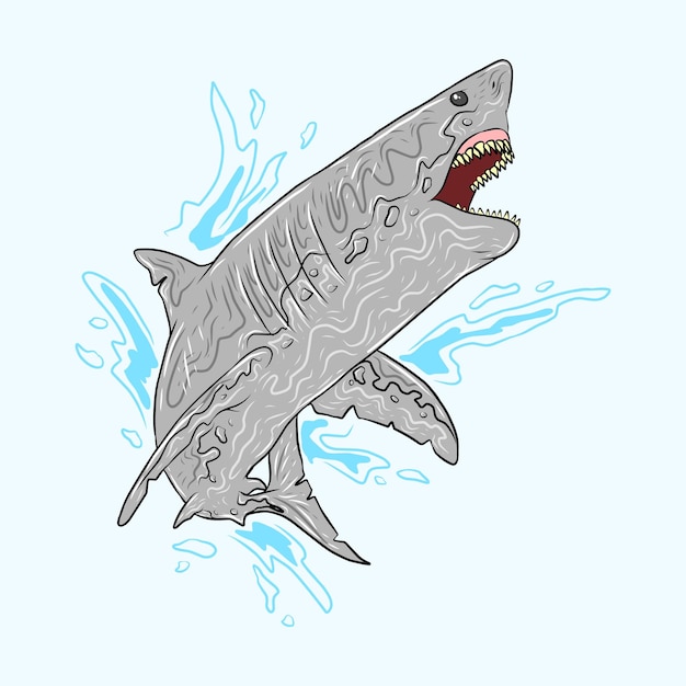 Tubarão branco peixe de água salgada eater shark carcharodon grande tubarão agressivo pesque um tubarão um esboço de vista lateral o emblema com tubarão para uma equipe esportiva ilustração vetorial de tubarão de cor irritada