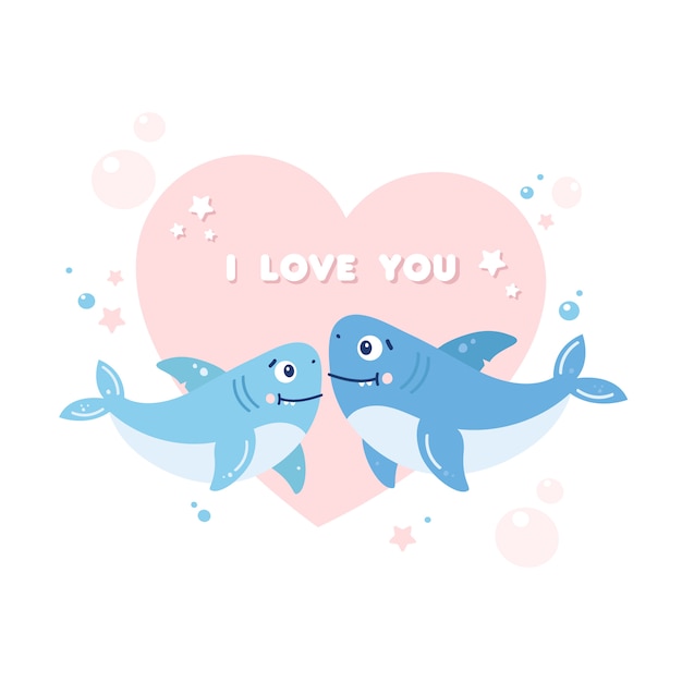 Vetor tubarões fofos. casal apaixonado.