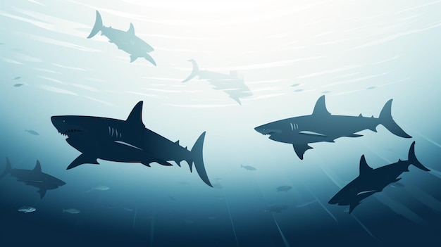 Vetor tubarões nadando no oceano com tubarões ao fundo