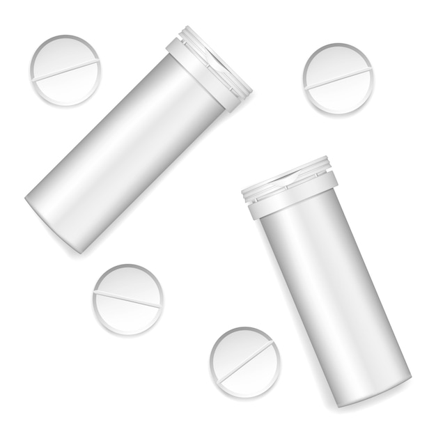 Vetor tubo de alumínio branco com maquete de comprimidos efervescentes modelo de vetor de garrafa de cilindro de pílula médica