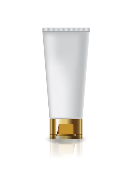 Tubo de cosmético branco em branco com tampa de ouro.