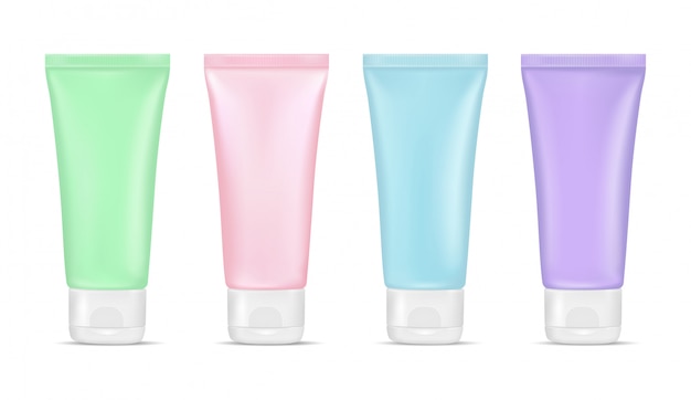 Tubo de creme verde, rosa, azul e roxo claro isolado no fundo branco. recipiente plástico cosmético 3d.