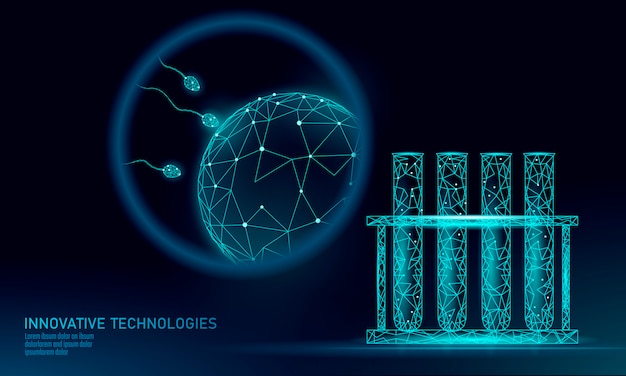Tubo de ensaio de fertilização in vitro baixo poli. conceito moderno do negócio da gravidez reprodutiva dos cuidados médicos da medicina da tecnologia moderna. centro médico de esperma poligonal conceito moderno de fertilização in vitro