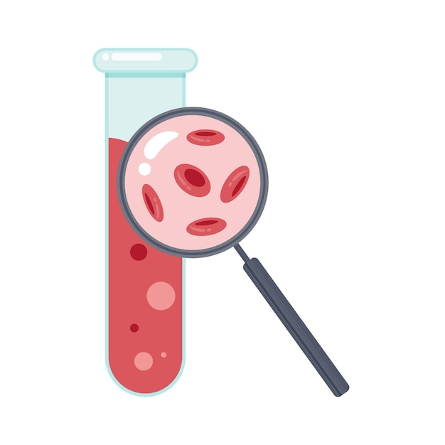 Tubo de ensaio de frasco de sangue com ilustração vetorial de lupa símbolo gráfico de ícone